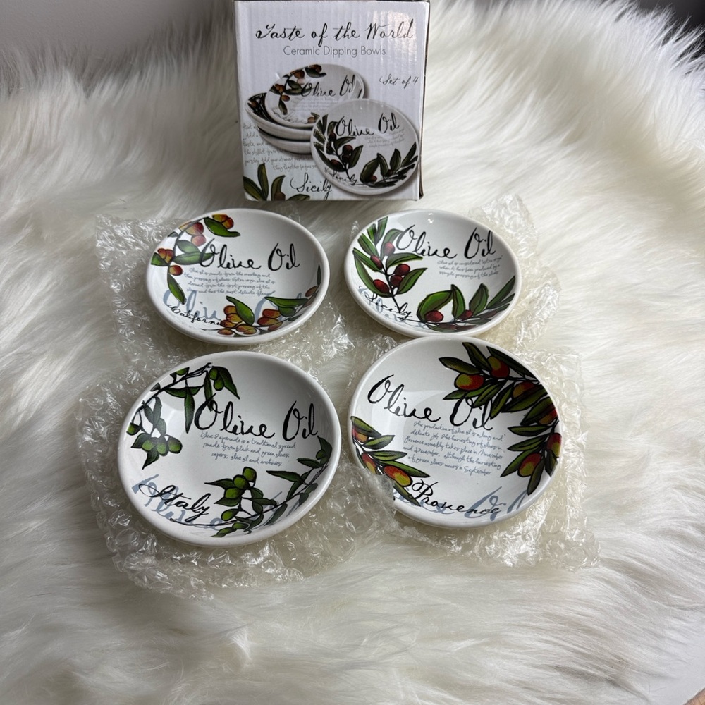 Olive Oil Ceramic Dipping Bowls - White with Green Accent (Set of 4)